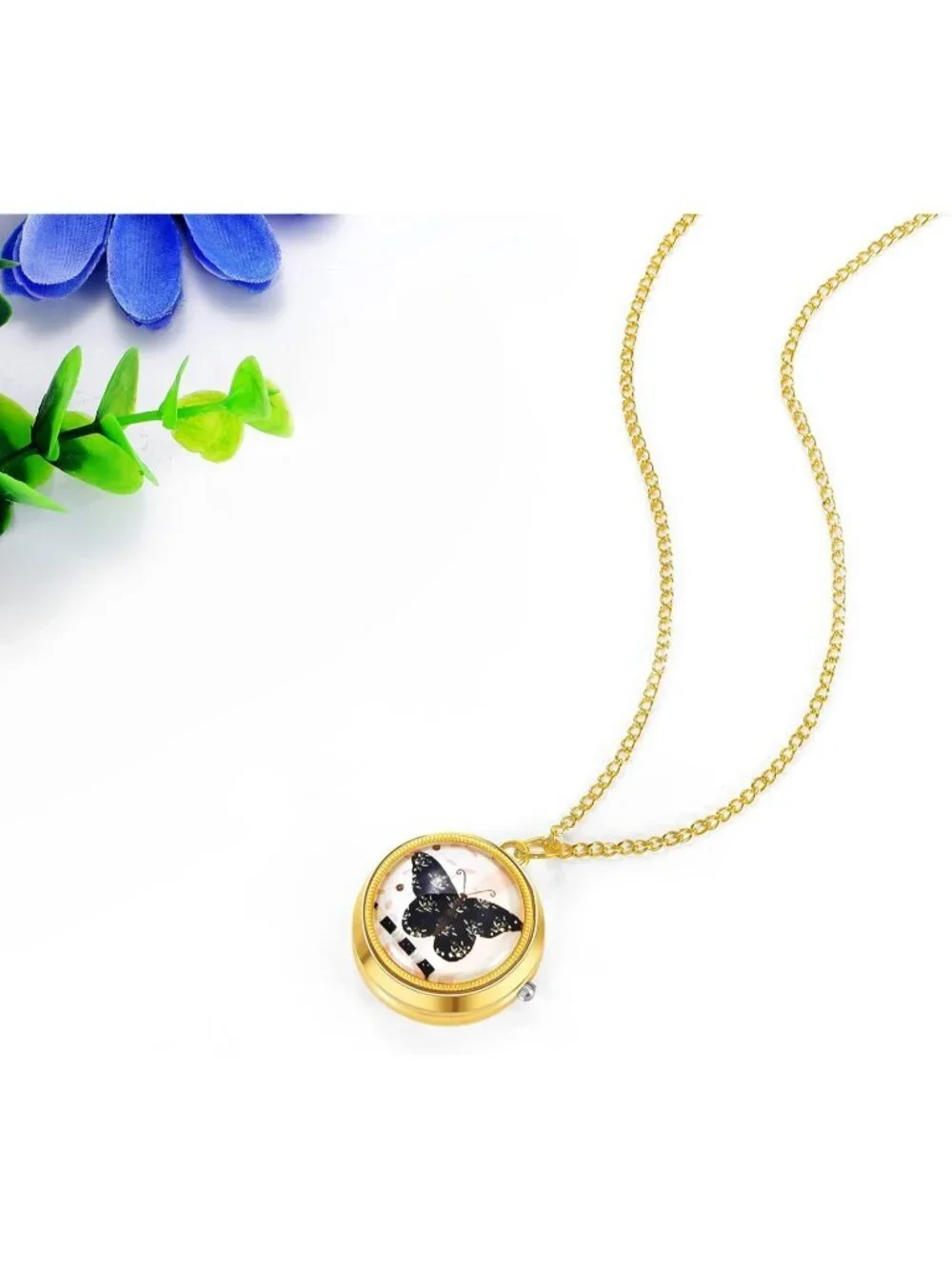 Women's Gold Analog Quartz Butterfly Vintage Pendant Necklace Chain Pocket Watch